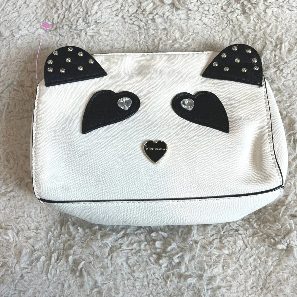 Betsey Johnson Panda Bear Cosmetic Bag White Faux Leather Floral Lining Studded